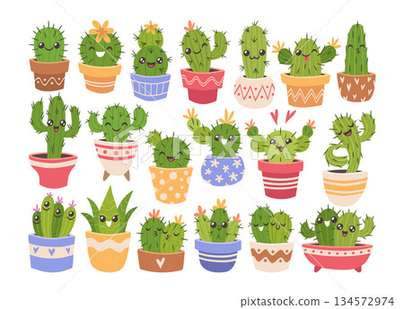 Various cute kawaii cactus and succulent plants in pots set as botanical gifts, decorative elements 134572974