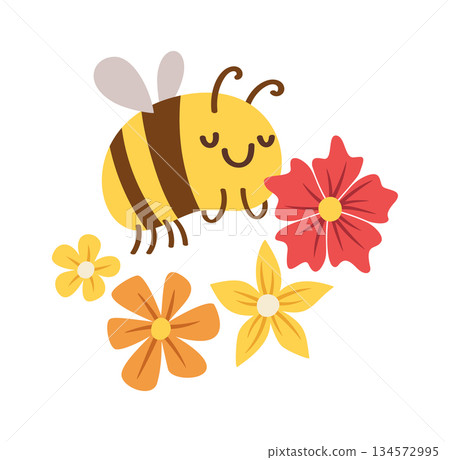 Honey bee flying over flowers Honey bee flying over flowers 134572995