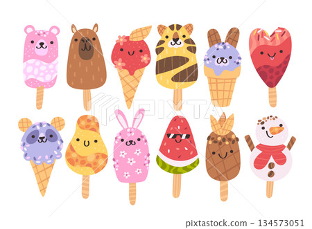 Cute ice-cream adorable animated characters with cheerful, smiling faces isolated set on white 134573051