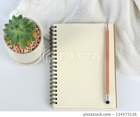 Blank paper notebook and wooden pencil decorated with small pots and white lace. on a white background Blank paper notebook and wooden pencil decorated with small pots and white lace. on a white background 134573126