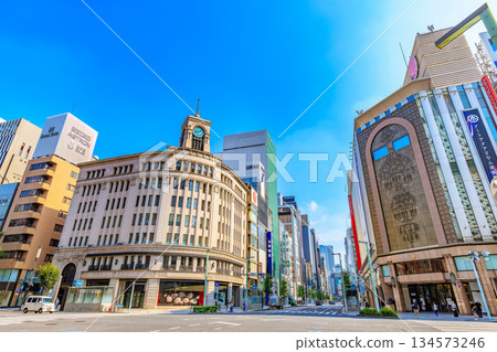 Tokyo, Chuo Ward, Ginza cityscape, near the Ginza 4-chome intersection 134573246