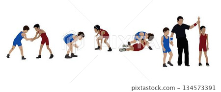 Wrestling - Illustration set of the process from before the match to victory 134573391