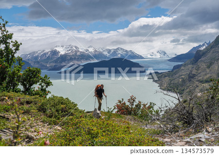 Hiker overlooking Glacier Grey and vast Lago Grey on O Circuit, Patagonia, Chile 134573579