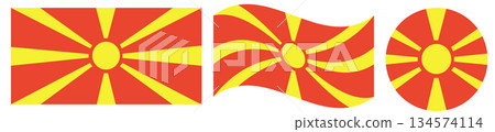 Collection of North Macedonia flags. Waving flag, round flag in circle shape and rectangular flag of North Macedonia. Collection of North Macedonia flags. Waving flag, round flag in circle shape and rectangular flag of North Macedonia. 134574114