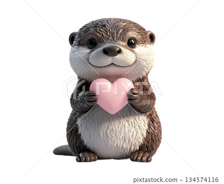 Adorable otter holding pink heart with love and affection 134574116