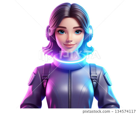 Futuristic woman in neon lit spacesuit with glowing blue and purple accents 134574117