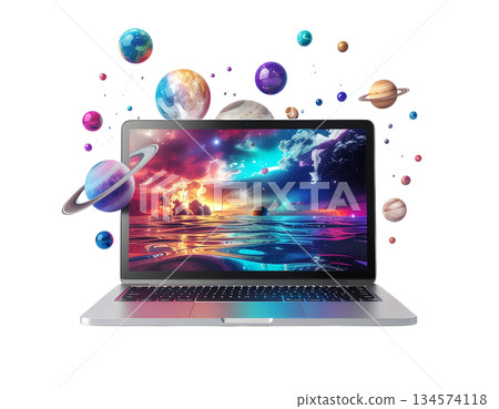Vibrant laptop screen displays stunning galaxy scene with planets floating around 134574118