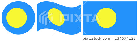 Set of Palau flags. Round flag of Palau isolated in circle. Waving flag of Palau. Set of Palau flags. Round flag of Palau isolated in circle. Waving flag of Palau. 134574125