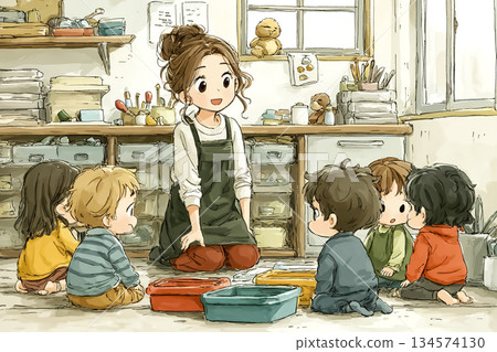 美麗系列：幼兒園老師帶著孩子們在幼兒園打掃 | 溫馨的幼兒園保育場景 134574130