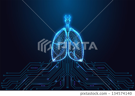 lungs above circuit board symbolizing health tech and diagnostics, vector. respiratory diagnostics  134574140