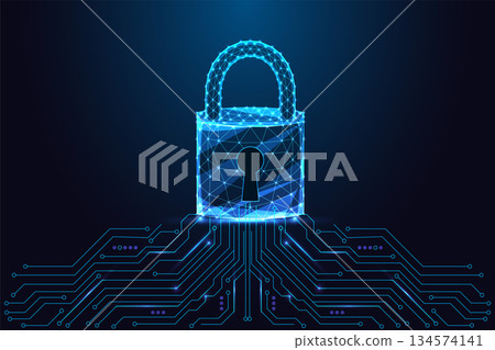 Cybersecurity low-poly padlock above circuit board for digital protection and privacy, vector 134574141