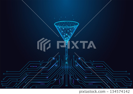 Low-poly digital data funnel above circuit board for AI analytics and processing, vector Low-poly digital data funnel above circuit board for AI analytics and processing, vector 134574142