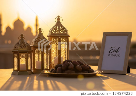 Golden Hour Eid Greeting Mosque Silhouette Lantern Decor Golden Hour Eid Greeting Mosque Silhouette Lantern Decor 134574223