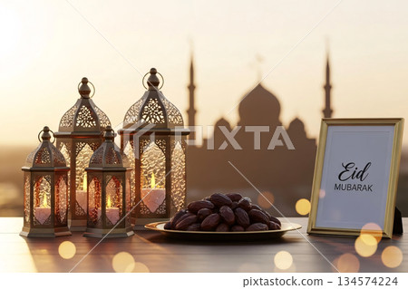 Golden Hour Eid Greeting Mosque Silhouette Lantern Decor Golden Hour Eid Greeting Mosque Silhouette Lantern Decor 134574224
