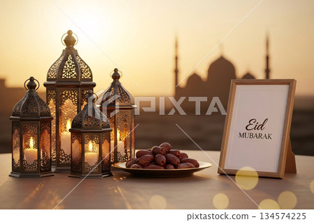 Golden Hour Eid Greeting Mosque Silhouette Lantern Decor Golden Hour Eid Greeting Mosque Silhouette Lantern Decor 134574225
