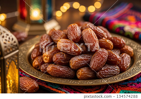 Dates Brass Tray Eid Decor Golden Lighting Still Life 134574288