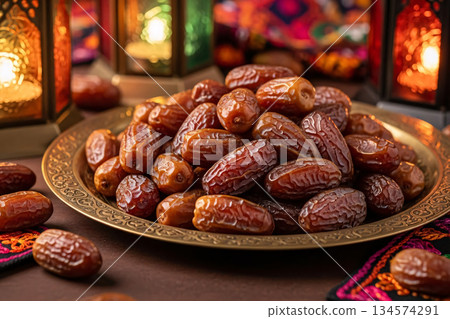 Dates Brass Tray Eid Decor Golden Lighting Still Life Dates Brass Tray Eid Decor Golden Lighting Still Life 134574291