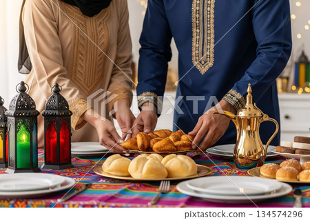 Eid Couple Preparing Festive Feast Cultural Holiday 134574296