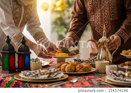 Eid Couple Preparing Festive Feast Cultural Holiday Eid Couple Preparing Festive Feast Cultural Holiday 134574298
