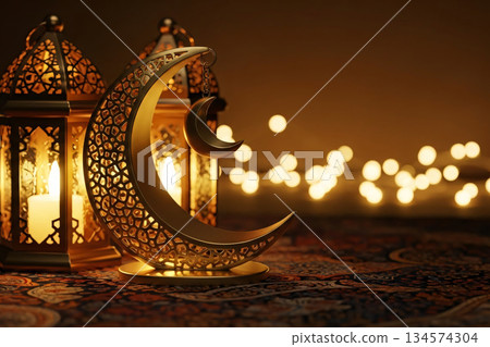 Crescent Moon Islamic Symbol Golden Decor Bokeh Lights 134574304