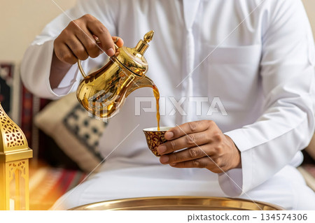 Arabic Coffee Gahwa Pouring Middle Eastern Hospitality 134574306