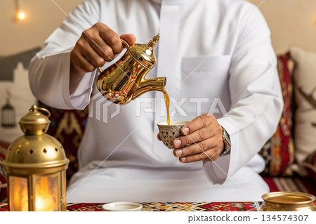 Arabic Coffee Gahwa Pouring Middle Eastern Hospitality 134574307