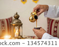 Arabic Coffee Gahwa Pouring Middle Eastern Hospitality 134574311
