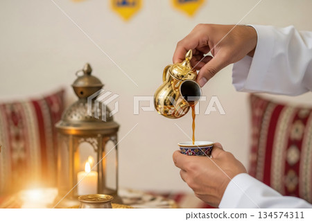 Arabic Coffee Gahwa Pouring Middle Eastern Hospitality Arabic Coffee Gahwa Pouring Middle Eastern Hospitality 134574311
