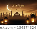 Mosque Silhouette Night Skyline Crescent Moon Greeting 134574324