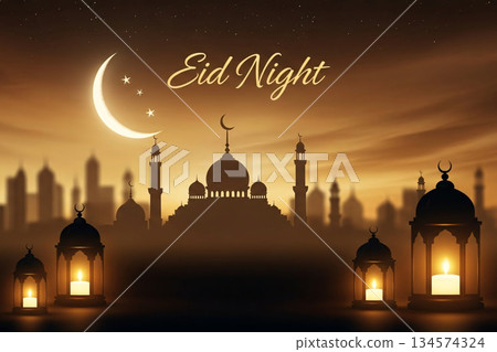 Mosque Silhouette Night Skyline Crescent Moon Greeting 134574324