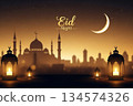 Mosque Silhouette Night Skyline Crescent Moon Greeting 134574326