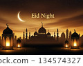 Mosque Silhouette Night Skyline Crescent Moon Greeting 134574327