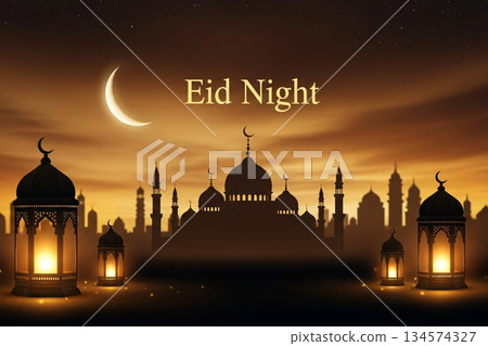 Mosque Silhouette Night Skyline Crescent Moon Greeting Mosque Silhouette Night Skyline Crescent Moon Greeting 134574327