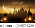 Mosque Silhouette Night Skyline Crescent Moon Greeting 134574329