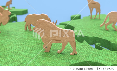 Wooden Wildlife Figures on Green Map Concept Background 3d render. Wooden Wildlife Figures on Green Map Concept Background 3d render. 134574689