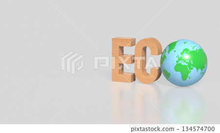 Eco Concept with Wooden Letters and Green Earth Globe on Clean Background 3d render. Eco Concept with Wooden Letters and Green Earth Globe on Clean Background 3d render. 134574700