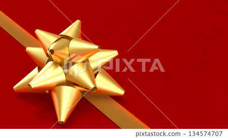 Golden Gift Bow on Red Background Representing Celebration and Luxury Concept 3d render. 134574707