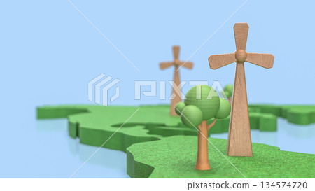 Renewable Energy Landscape with Wooden Wind Turbines 3d render. Renewable Energy Landscape with Wooden Wind Turbines 3d render. 134574720