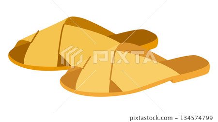 Yellow slide sandal shoe women flat pair. Cross strap open toe sandal for beach walk hotel spa. Technical fashion  134574799