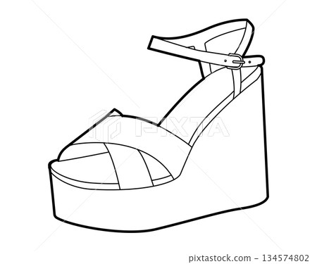 Platform wedge sandal women single sketch shoe. Cross strap ankle buckle summer footwear for vacation, brunch Platform wedge sandal women single sketch shoe. Cross strap ankle buckle summer footwear for vacation, brunch 134574802