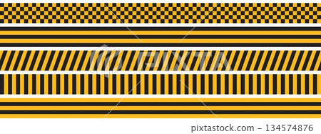 Set of taxi car marking stripes or caution tapes isolated on white background. Black and yellow checkered and striped textures. Forbidden, safety, danger or warning ribbons. Vector flat illustration Set of taxi car marking stripes or caution tapes isolated on white background. Black and yellow checkered and striped textures. Forbidden, safety, danger or warning ribbons. Vector flat illustration 134574876
