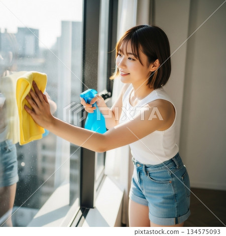 Young woman cleaning windows 134575093