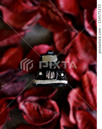 一輛紅色背景的微型汽車營造出成人化的畫面。 一輛紅色背景的微型汽車營造出成人化的畫面。 134575233