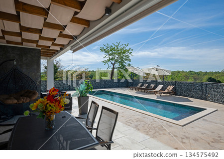 Modern modular house backyard featuring a rectangular swimming pool, large patio with wooden sun loungers, and umbrellas against a blue sky. Contemporary prefabricated home design Modern modular house backyard featuring a rectangular swimming pool, large patio with wooden sun loungers, and umbrellas against a blue sky. Contemporary prefabricated home design 134575492