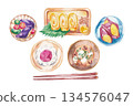 手繪水彩插圖，描繪了日式套餐 134576047