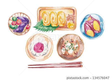 手繪水彩插圖，描繪了日式套餐 134576047