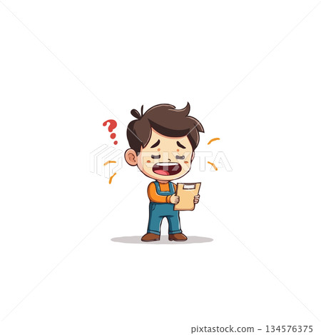 Cartoon depiction of a confused young worker perplexed by instructions or a difficult task at hand Cartoon depiction of a confused young worker perplexed by instructions or a difficult task at hand 134576375