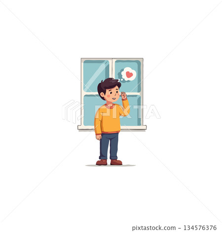 Boy standing by window dreaming of love concept illustration expressive character scene simple Boy standing by window dreaming of love concept illustration expressive character scene simple 134576376