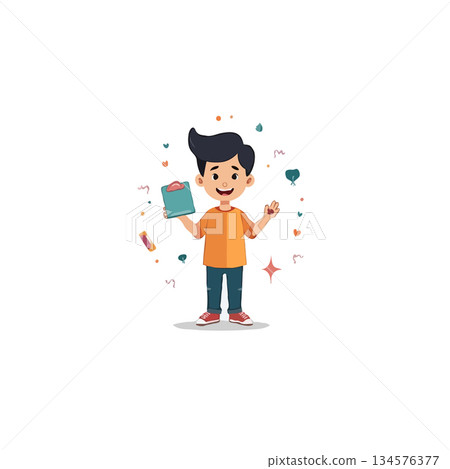 Joyful cartoon boy celebrating with a notepad amidst confetti and decorative elements illustration Joyful cartoon boy celebrating with a notepad amidst confetti and decorative elements illustration 134576377
