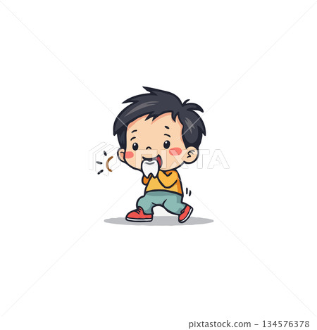 Delightful illustration of a child experiencing first tooth pain with an adorable expression and 134576378